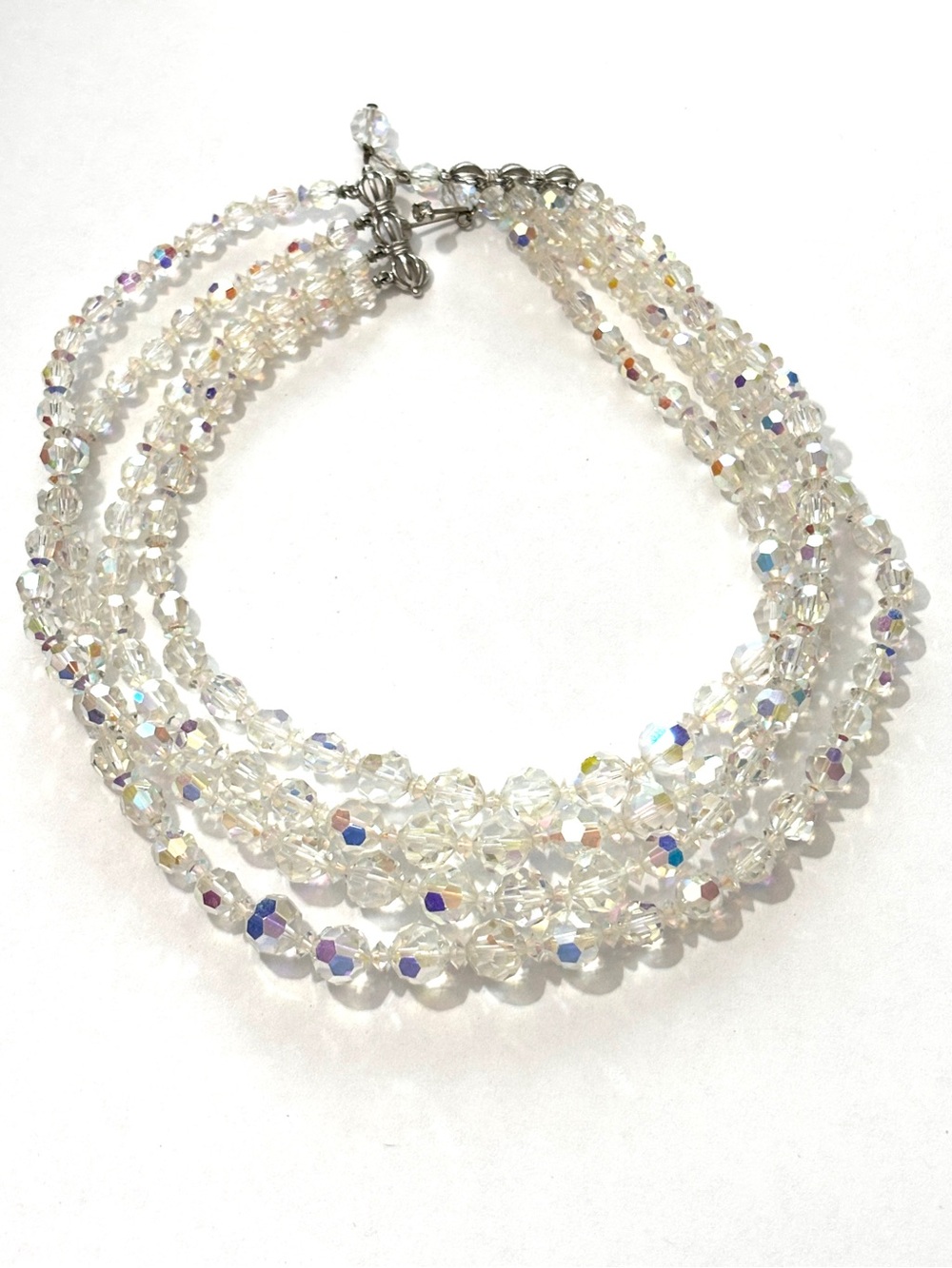 Marvella Signed Vintage 1950s AB Crystal Multi Strand Necklace J Hook Clasp